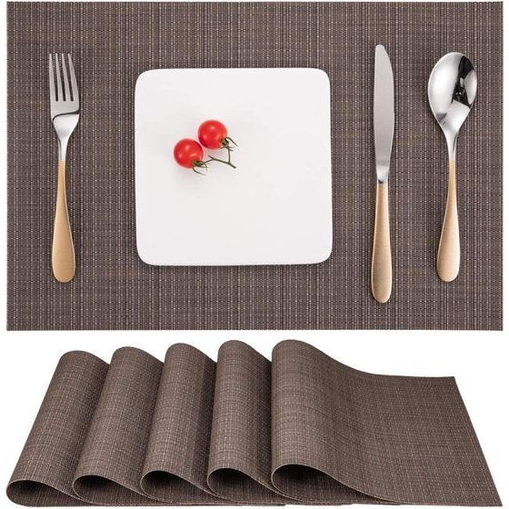 Placemats, afwasbaar, set van 6, geweven placemats, afwasbaar, antislip, hittebestendig, vinyl, afwasbaar, voor keuken, eettafel, hotel, 30 x 45 cm, bruin 2