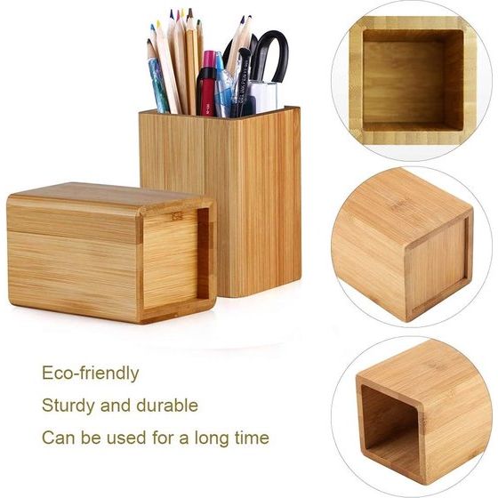 Bamboe pennenhouder, houten pennenkoker, bureau-organizer, voor kantoor, bureau, school, het perfecte kantooraccessoire en cadeau (vierkant)