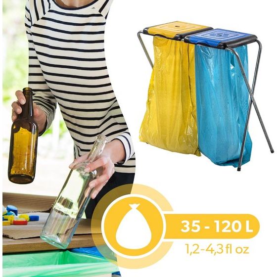 KADAX - Standaard voor afvalscheiding - stabiele afvalzakhouder met kunststof deksel, afvalzakstandaard, afvalcontainer, afvalzakhouder, afvalstandaard - Twee breed (II)