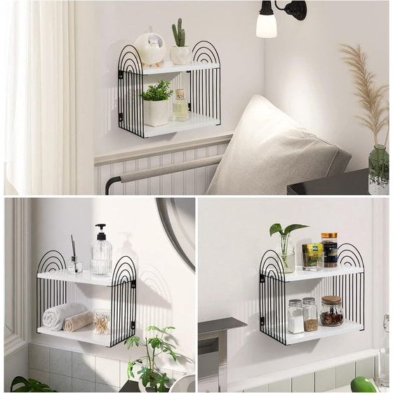 Wandplank, wit, hout, zwart, metaal, nachtkastje, 2 niveaus, zwevende plank, muur, modern, slaapkamer, badkamer, woonkamer, keuken
