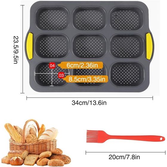 Siliconen bakvorm, stokbrood bakvorm met 9 gaten, anti-aanbak siliconen vorm bakvormen, siliconen bakvorm lade voor brood, broodjes (zwart
