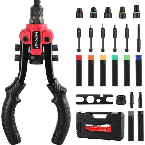 3-in-1 klinkmoertang Multifunctionele klinknageltangset met 6 opspandoorns en 5 klinknagelkoppen, 2 frictiebomen en 1 multifunctionele sleutel, draagbare klinkgereedschapset