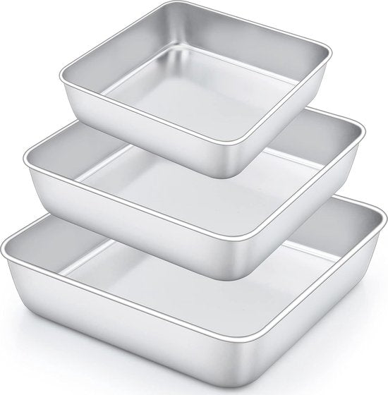 Brownie Vierkante taartvorm, 100% roestvrij staal, vierkante bakvorm, ovenschaal, 3-delige set, ideaal voor cake, brownie, lasagne, gezond en niet giftig, vaatwasmachinebestendig