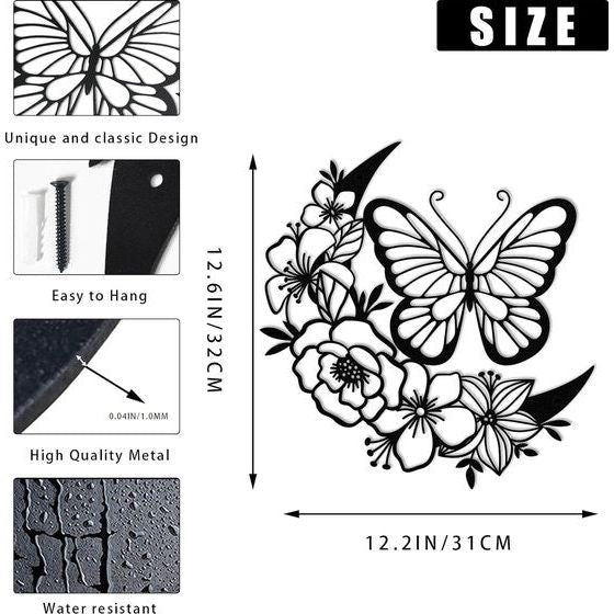 Maanvlinder metalen wanddecoratie, Boho muurkunst, bloemen muurkunst, hangende sculptuur voor binnen, woonkamer, slaapkamer, gangen, keuken en buiten, tuin, tuin, hekdecoratie