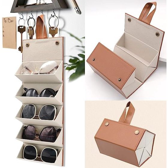 Zonnebril, rijst organizer, draagbare Zonnebril, brillenorganizer, brillenopslag, voor de top van 5 glazen, voor dames en heren, bruin