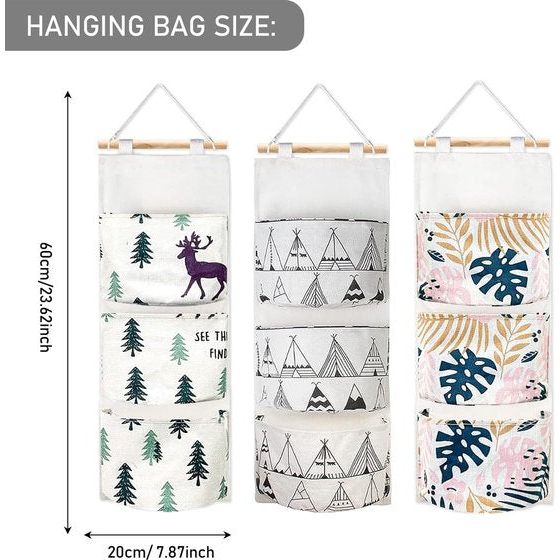 Wall Hanging Bags 3 Pieces Wall Hanging Storage Bag with 5 Pockets, Organiser for Children's Room, Waterproof Hanging Storage, Linen Coloured Hanging Bag Organiser, Suitable for Bathroom