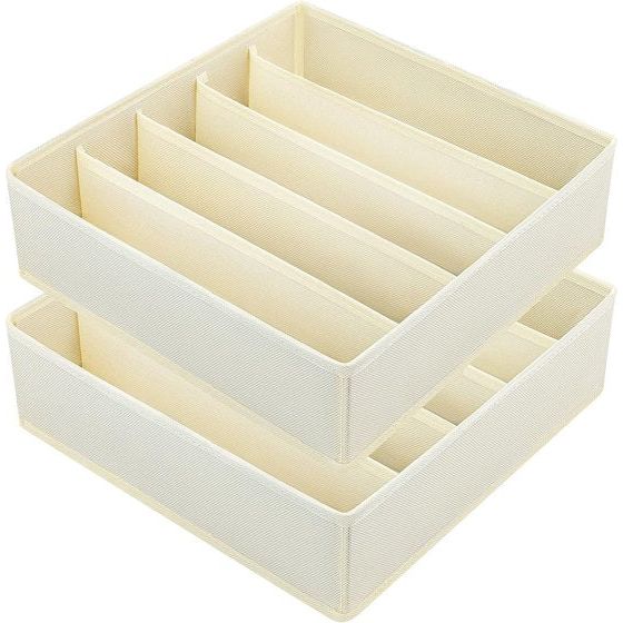 2 stuks opbergdozen, 6 cellen opvouwbare lade-organizer voor ondergoed, stoffen box, lade-organizer voor het bewaren van beha's, ladeverdeler, thuis, slaapzaal, kledingkast, beige