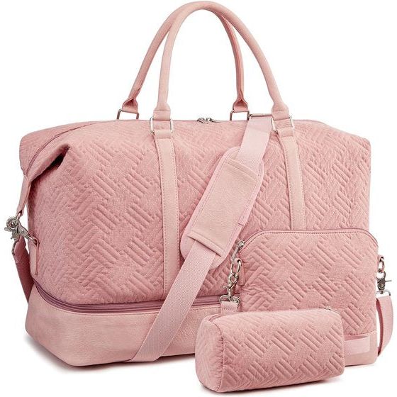 Dames weekendtas 33/45 L canvas tas oversized duffelzakken met PU-lederen band en schoenenvak, roze