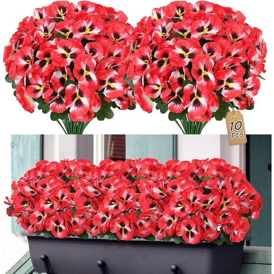 10 bundels kunstbloemen zoals echte balkon kunstbloemen buiten UV-bestendig weerbestendige kunstmatige balkonplanten balkonbloemen voor thuis vensterbank bruiloft decor (rood)
