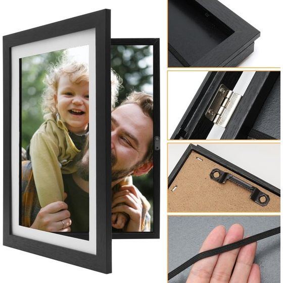 Kinderfotolijst A4, wandmontage, max. 150 vel, kinderkunstwerk, tekening, opbergruimte, zwart