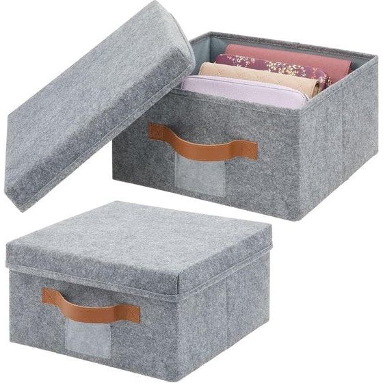 Set van 2 opbergdozen voor de kast, de slaapkamer enz. – grote opbergbox met deksel van kunstvezel – kastorganizer voor kleding en andere accessoires – grijs