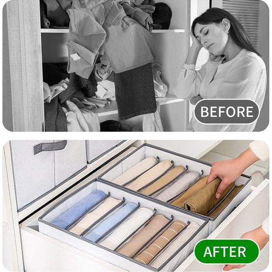 Lade-kledingorganizer, 7 vakken, opvouwbare kledingkastscheidingswanden met handvat, multifunctionele kastopbergdoos, opvouwbare kastorganizer, set van 2 (grijze rand)