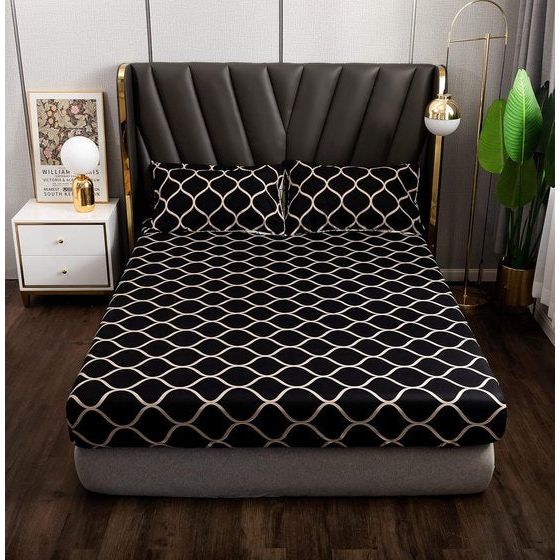 Hoeslaken, 200 x 200 cm, zwart geometrisch roosterpatroon hoeslaken, zacht microvezel boxspringlaken geschikt voor matrassen van 30 cm