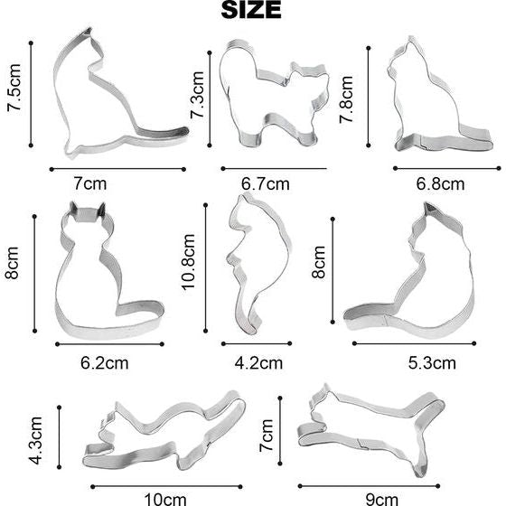 Koekjesvormerset, 8-delige katvormige koekjesvormers, vormen roestvrij staal fondant doe-het-zelf bakgereedschap, koekjesvorm koekjesvorm (8 stuks)
