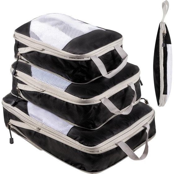 Koffer Organizer Packing Cubes Compression Koffer Organizer Set Waterdichte kofferorganizer paktassen voor koffer Travel Essentials uitbreidbaar reispakket organizer voor handbagage, zwart, 3 stuks