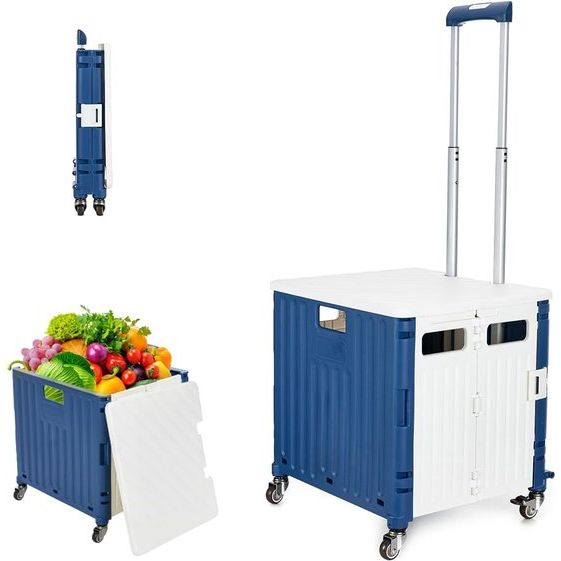 Boodschappentrolley, inklapbaar, boodschappentrolley met deksel, 65 tot 40 kg, kunststof winkelwagen inklapbaar met telescoopgreep, boodschappentrolley met 360 graden rotatie wielen, wit