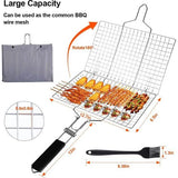 Grillmand van roestvrij staal Opvouwbare grillmand met afneembaar handvat Draagbaar grillrooster voor vis, steak, groenten, garnalen, inclusief deegborstel en opbergtas (32 x 22 cm)