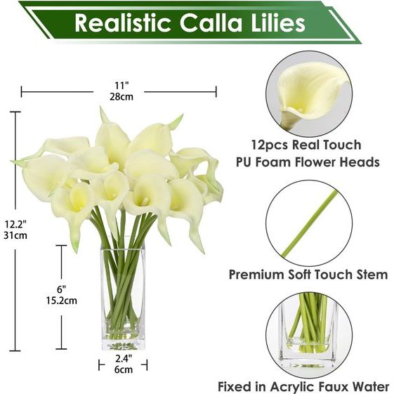 12 x Artificial Flowers Calla Lily with Glass Vase, Decorative Artificial Flowers Very Real, Plastic Flowers Calla PU Latex Real Touch, Calla Fake Flowers White for Wedding Party Living Room Office