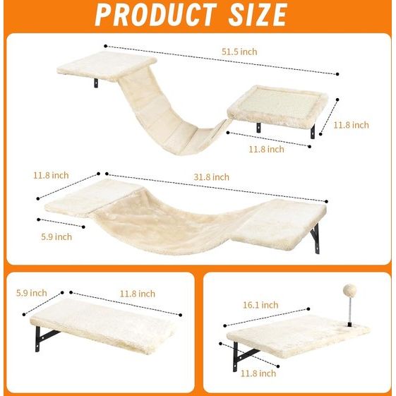 Kattenklimwandset met kattenboom, hangmat, kattenmand, muur, kattenbrug, krabplank en krabpaal - 7-delig houten kattenmeubel voor katten Catwalk