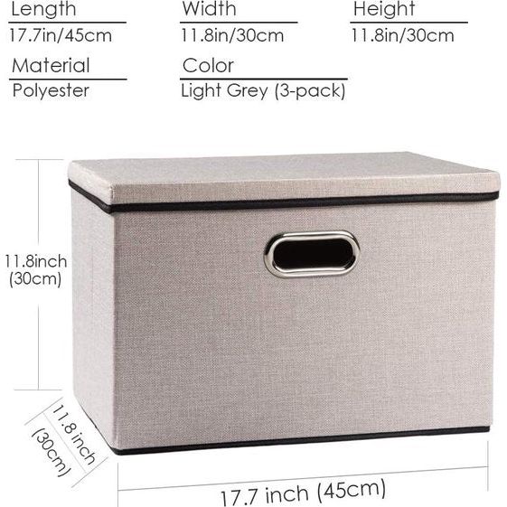 Grote opvouwbare opbergdozen met deksels [Pack van 3] Linnen stof decoratieve organizer containers manden kubussen handgrepen scheidingswand voor slaapkamer kast kantoor lichtgrijs (45x30x30cm