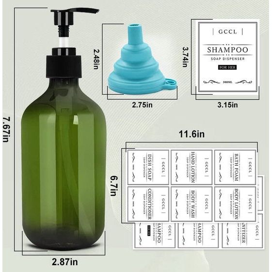 4 stuks 500 ml zeepdispenser flessen, lege plastic pompdispenser voor lotion, douchegel, shampoo en conditioner, vloeibare zeepdispenser met waterdichte etiketten voor badkamer, keuken, hotel (groen)