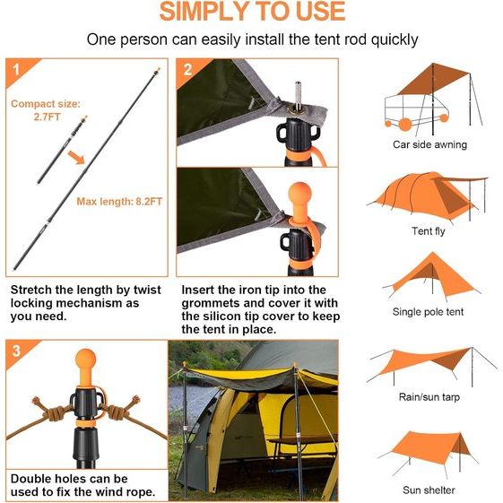 Tarpaulin Poles, Heavy Duty Tent Poles, Set of 2, Adjustable Aluminium Tent Poles for Tarps, Lightweight and Portable Telescopic Tarpaulin Poles for Camping, Hiking, Hammock etc. 4 Segments