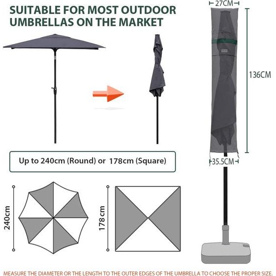 Parasol beschermhoes met staaf, afdekhoezen voor tuinscherm met ventilatieopeningen, afdekking voor marktparasol/balkonscherm, 100% polyester, waterdicht, donkergrijs