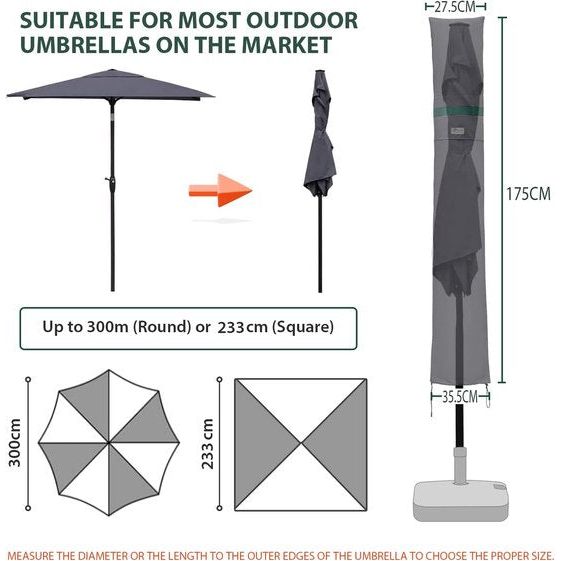 Parasol beschermhoes met staaf, afdekhoezen voor tuinscherm met ventilatieopeningen, afdekking voor marktparasol/balkonscherm, 100% polyester, waterdicht, donkergrijs