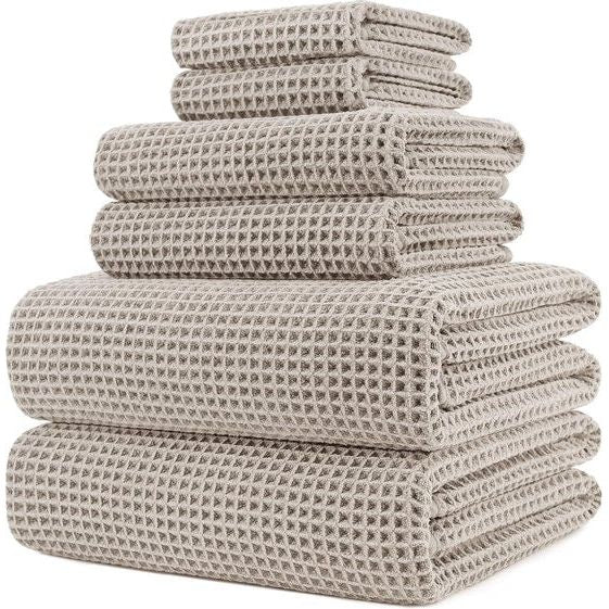 Handdoekenset - Sneldrogend en pluisvrij microvezel - Wafeltextuur - Zeer Groot - Beige - 152 x 76,2 cm - 6 Stuks