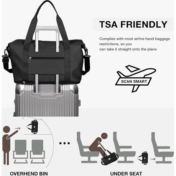 Reistas voor dames, 40 x 20 x 25 cm, handbagage, tas, weekendtas, zwemtas, waterdicht, reistas, duffle bag, fitnesstas, trainingstas voor vrouwen, voor reizen, gym, A12 zwart