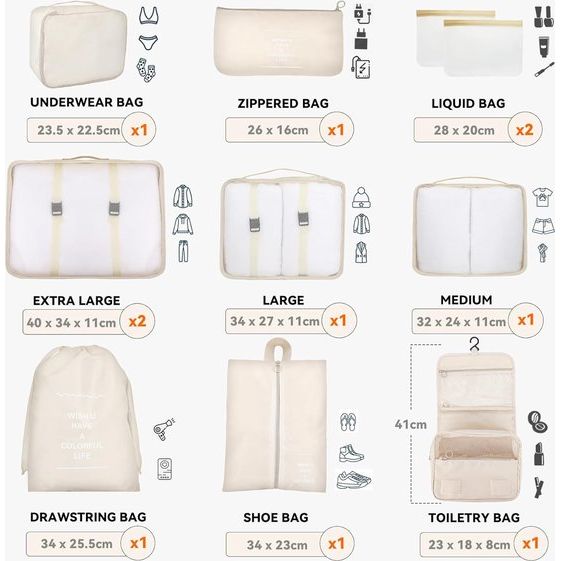 Koffer-organizerset, 11-delig, Packing Cubes-set voor koffer, waterdichte reis-kledingtassen, verpakkingskubussenset, reiskubussen, reisorganizer (beige)