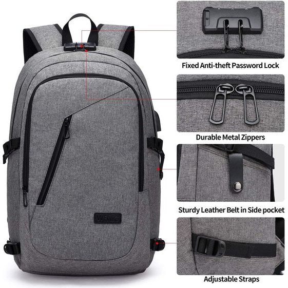 Laptoprugzak voor heren, 17 inch laptop, anti-diefstal, schoolrugzak, zakelijk, notebook, rugzak, waterdicht, met USB, cadeau voor mannen, werk, reizen, scholieren, jongens, tieners, grijs