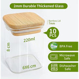 Voorraaddozen van glas, set van 10, 220 ml, kruidenpotjes, rechthoekig, houten deksel, voorraadpotten, glazen potten met deksel, klein, stapelbare opbergpotten, keuken voor specerijen, thee, suiker