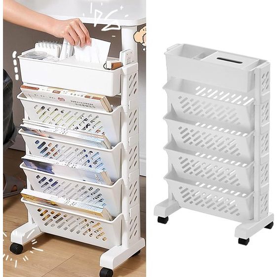 Boekenkast, boekenkast, draaibaar, beweegbaar boekenrek met grote capaciteit, afneembaar praktisch rollend organisatierek van kunststof, multifunctionele rolwagen (5 lagen)