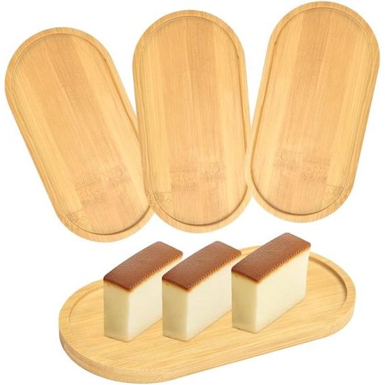 Set van 4 bamboedienbladen, ovale houten dienbladen, klein rond bamboedienblad, houten serveerbord, bekeronderzetter, bloem, plant, sappig dienblad voor onderzetters, thee, koffie, cake