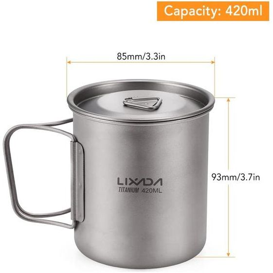 Dragbare pot/beker van titanium, voor op de camping, met klapgreep, 300 ml/350 ml/420 ml/550 ml/650 ml/750 ml/900 ml/1600 ml