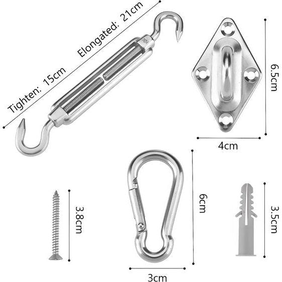 Luifel bevestigingsset, zonnezeil accessoires, montage voor vierkante driehoekige zonnezeilen, roestvrij staal (12-delige set voor vierkant)