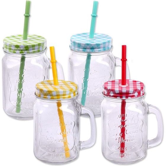 Drinkglazen met deksel, handvat en herbruikbaar rietje Herbruikbaar (iii) Glas Drinkglas Cocktail Ca. 500ml Set van 4