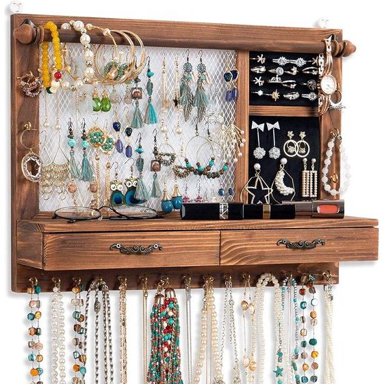 Sieradenstandaard, wandhouder, sieradenhouder, houten sieradenorganizer met armbandstang, 21 haken, lade, sieradenopslag voor oorbellen, oorstekers, kettingen, armbanden, ringen, accessoires