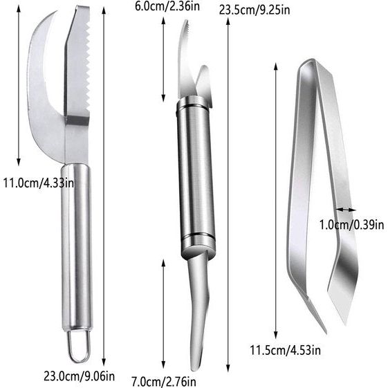 3 stuks garnalengereedschap, visschubbenschraper, roestvrij staal, 5-in-1 multifunctionele garnalenset, visschubbenverwijderaar, geschikt voor vissen/garnalen