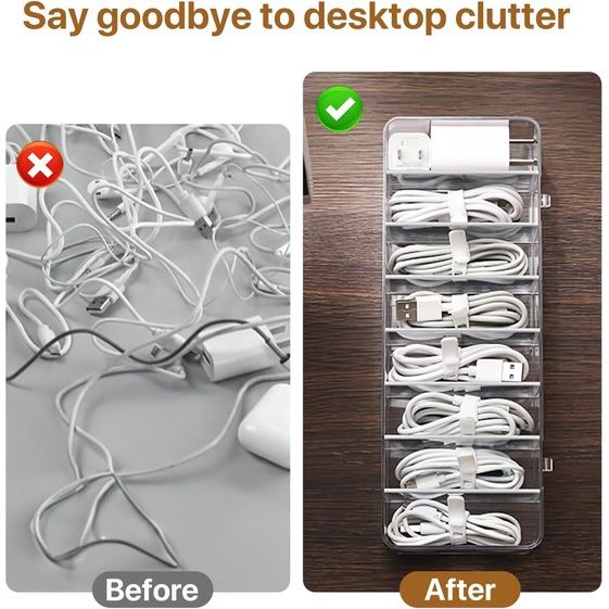 Kabelopbergdoos, 2 stuks kabelorganizerbox met deksel, 8 vakken, transparante oplaadkabelorganizer met 20 kabelbinders, kabelorganizerbox voor bureau opslag