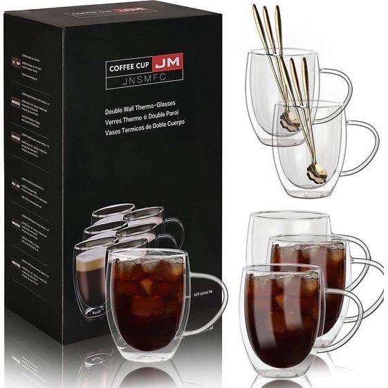 Dubbelwandige cappuccino-glazen met 6 lepels en handvat, set van 6, 350 ml, dubbelwandige latte macchiato-glazen, groot, koffiekopjes, glas, cappuccinoglazen voor koffie, espresso, latte, thee, melk, bier, ijs