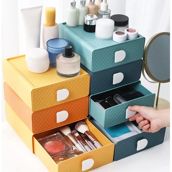4 stapelbare ladeboxen, opbergdoos met laden, cosmetica-organizer, ladebox, make-up-organizer, bureau-opbergbox voor bureaus, make-uptafels, kantoren, badkamers.