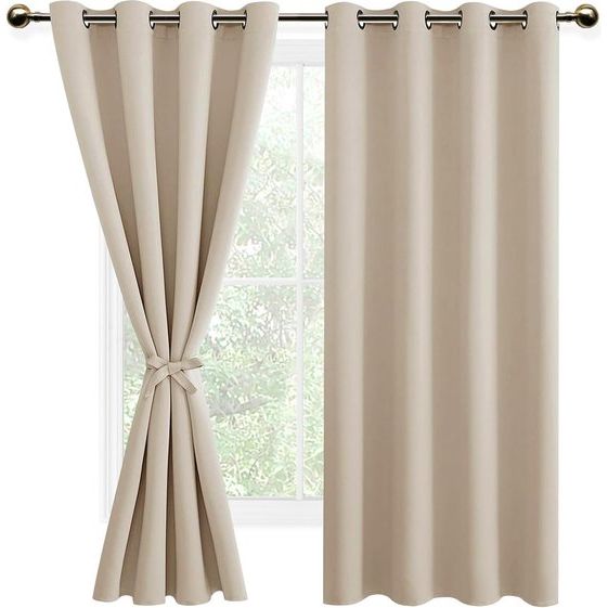 Gordijn met inkijkbescherming, thermische gordijnen met ringen, 2 stuks, voor woonkamer, slaapkamer, beige, 137 x 132 cm (h x b)