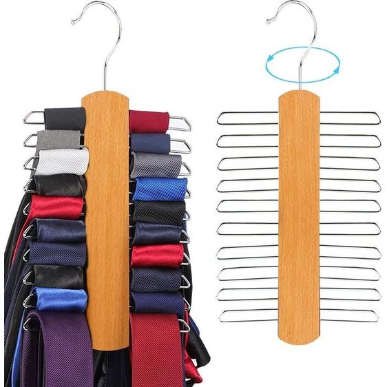 2 stuks 360 graden roterende stropdashouder, riemhouder, houten kleerhanger, stropdashouder, met 20 metalen planken, voor riem, sjaal, stropdasopslag