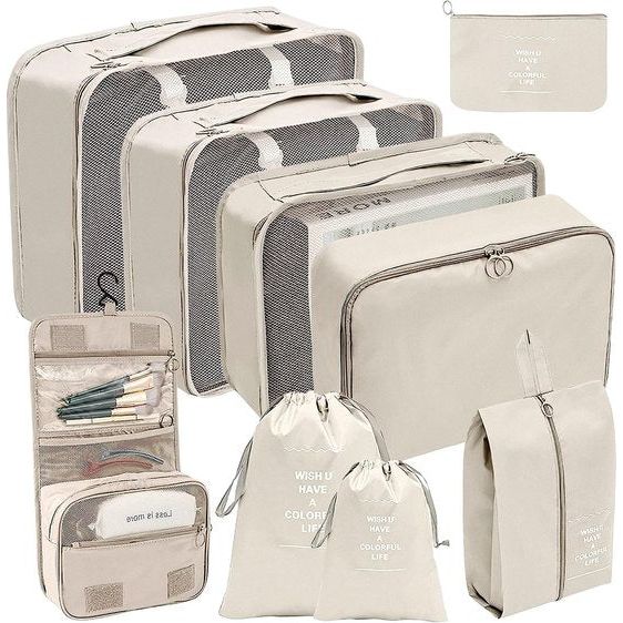 Koffer organizerset, Packing Cubes, kledingtassen, kofferorganizer voor vakantie en reizen, pakkubussenset reiskubussen, opbergsysteem voor koffer - (9-delig, beige)