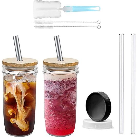 720 ml Bubble Tea mok inmaakglas glazen bekers set van 2 drinkglas met rietje en anti-schimmel bamboedeksel, brede hals Iced Coffee glas, vruchtensapbeker, Mason Glas Tumbler Cup Boba Tea glas