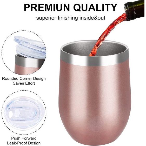 2 stuks wijnbekers roestvrij staal, stemless wijnbekers met deksel, dubbelwandige onbreekbare reisbeker voor melk, koffie, wijn, bier, champagne, cocktails, roségoud