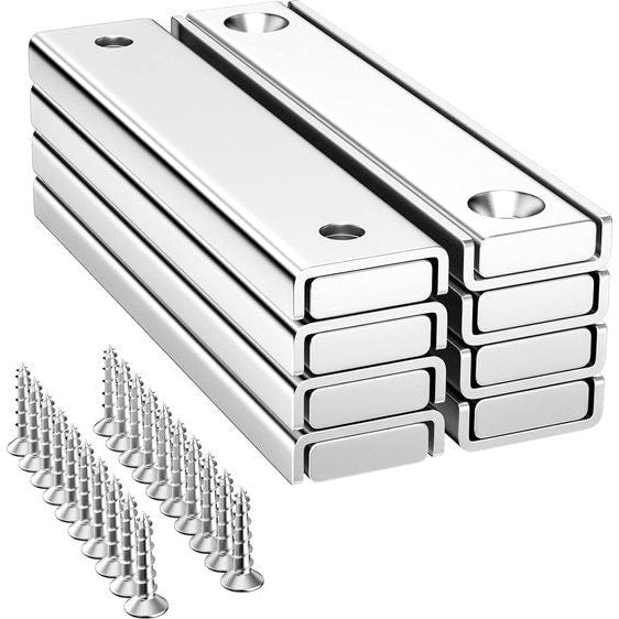 8 stuks neodymium magneten extra sterk, 30 kg kracht 60 x 13,5 x 5 mm, multifunctionele rechthoekige magneten, verzonken kop, vierkante baksteen, potmagneet met schroeven voor whiteboard, koelkast, magneetbord