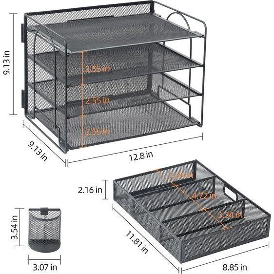 Bureau-organizer, 4-laags papieren brievenbak-organizer met lade, 2 pennenhouders, mesh-bureau-organizer voor thuis, kantoorbenodigdheden, zwart